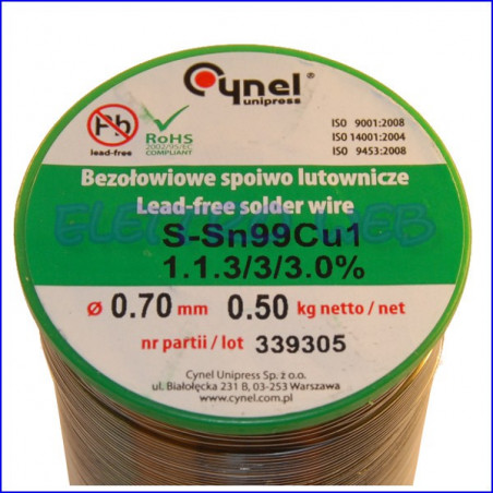 STAGNO IN ROTOLI DA 0,50KG 0,7mm Sn99-Cu1 PROFESSIONALE- Fondente No Clean 2%